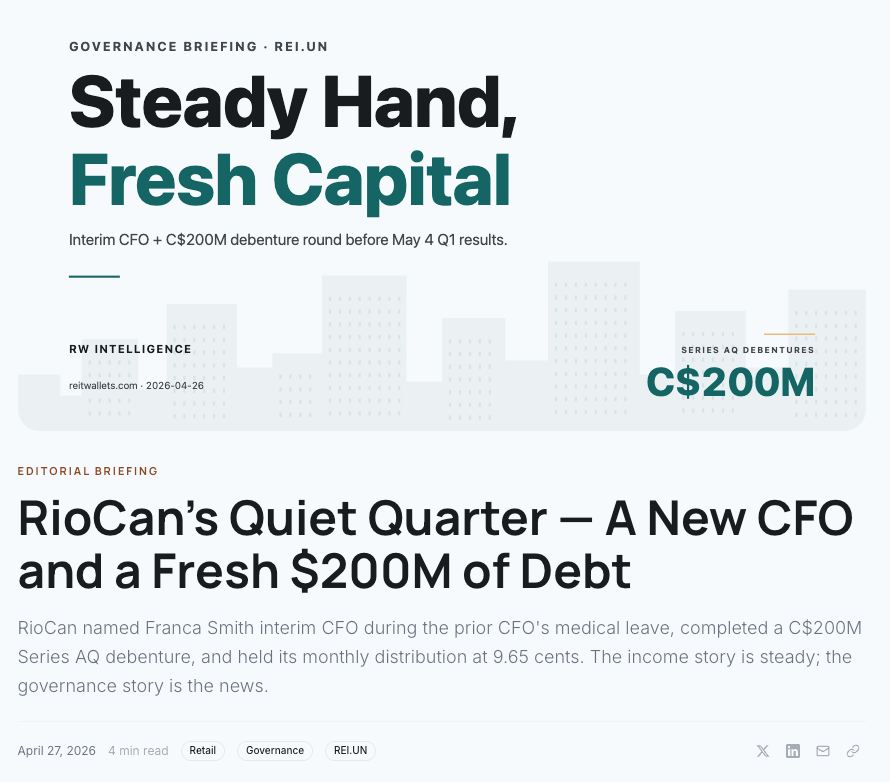 RioCan briefing post titled Steady Hand, Fresh Capital with branded editorial hero, C$200M debenture callout, and editorial body